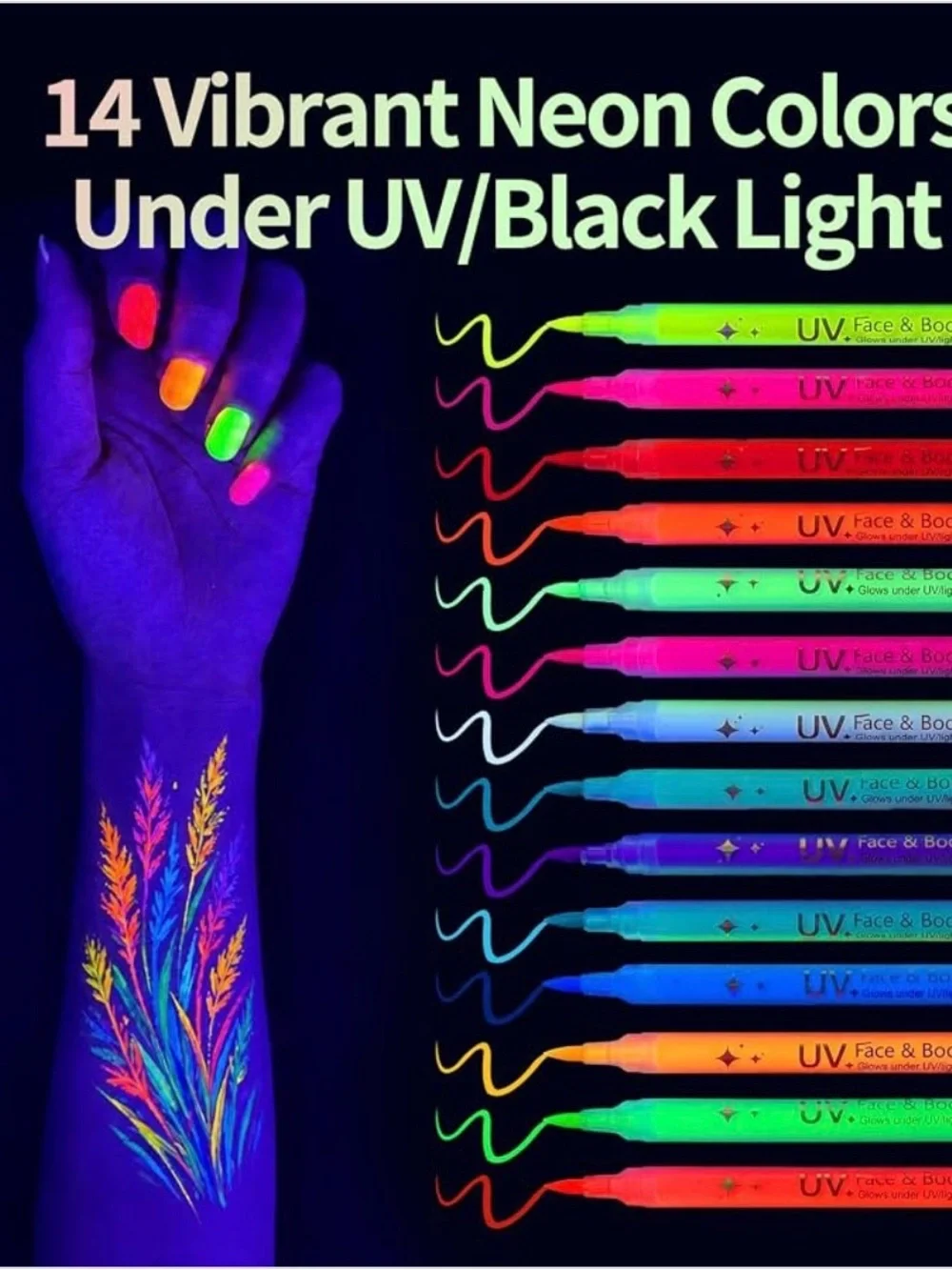 UV Neon Face Paint Pens - Multicolor Glow Party Makeup
